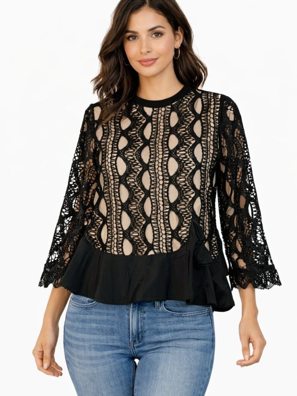 Another Story Black Crochet Lace Peplum Top Long Sleeve Sheer Blouse Small